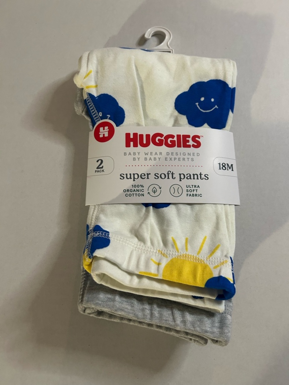 Huggies 2-Pack Kids Casual Pants in White with Blue Cloud & Yellow Sun - 18M